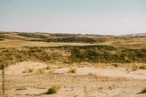 Arid desert steppe landscape with dry grass and rolling hills in East Kazakhstan