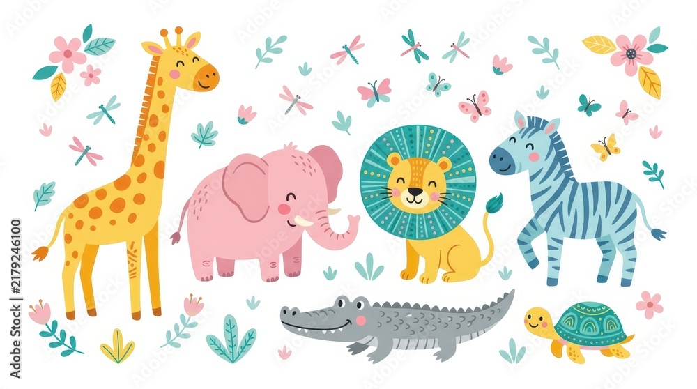 Obraz premium Cute Safari Animals Collection with Giraffe Elephant Lion Zebra Crocodile and Turtle for Kids Design