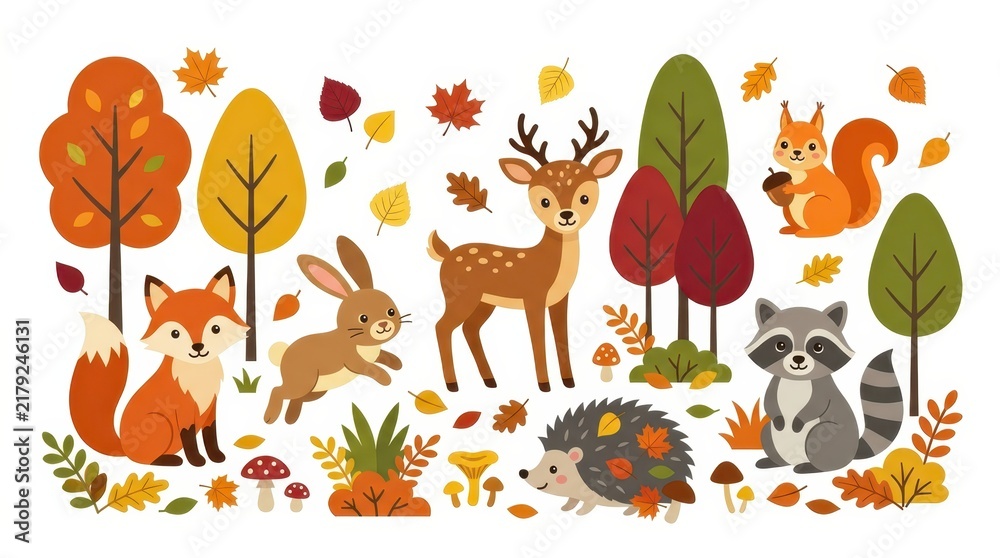 Obraz premium Cute Autumn Forest Animals Vector Illustration Set with Fox, Deer, Raccoon, Hedgehog, Squirrel, and Rabbit in Fall Woods