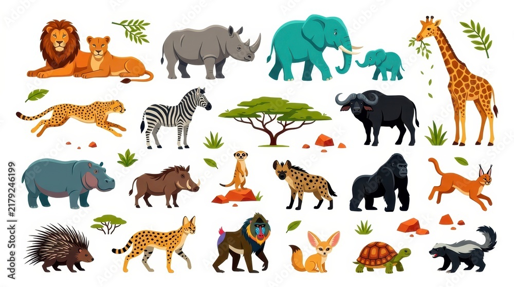 Fototapeta premium African Safari Wildlife Animal Collection Vector Illustration Set with Lion Elephant Giraffe and Zebra