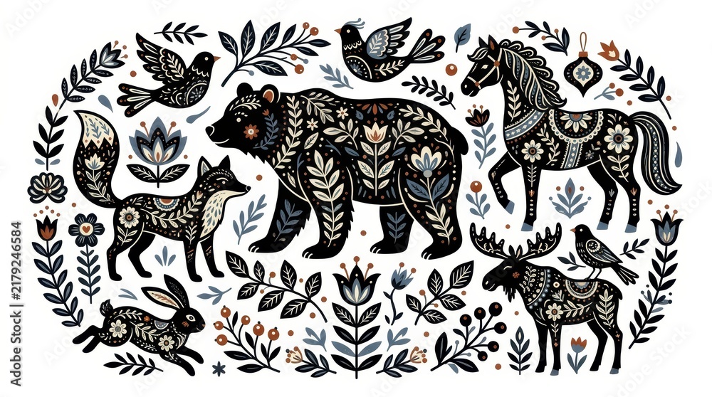 Fototapeta premium Scandinavian Folk Art Illustration with Wild Animals, Bear, Fox, Moose, and Horse in Nordic Floral Style