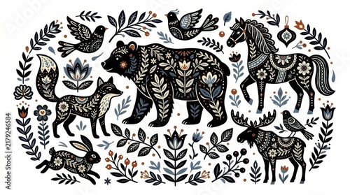 Scandinavian Folk Art Illustration with Wild Animals, Bear, Fox, Moose, and Horse in Nordic Floral Style