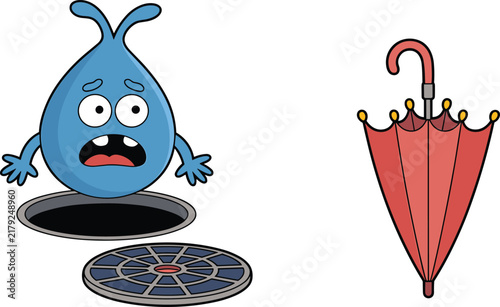 Cute Water Drop Character Coming Out of Manhole with Red Umbrella Cartoon Illustration Set for Weather and Rain Design