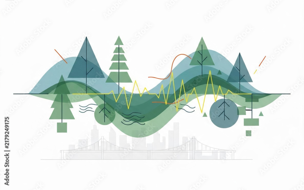 Obraz premium Abstract Ecological Data Visualization Representing Environmental Forest Health Above Urban City Infrastructure