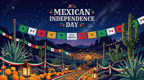 Mexican Desert Night Scene Independence Day Decoration Vector.