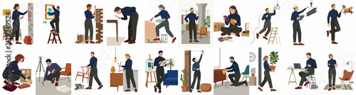 Set of diverse people engaged in home improvement, renovation, DIY projects, interior decorating, cleaning, and maintenance tasks around the house.