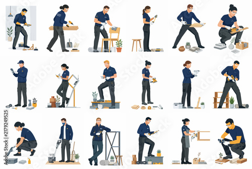 Collection of diverse handymen and handywomen in blue uniforms performing various home maintenance, repair, and DIY tasks on a white background.