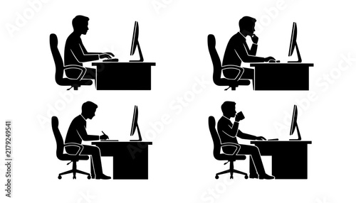 silhouette of a man playing a piano, office time on coputer