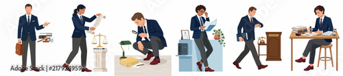 Vector Illustrations of Law Professionals in Various Workplace Scenarios Including Researching, Reading Documents, and Managing Time