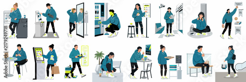 Collection of Flat Vector Illustrations Featuring People in Teal Hoodies Engaged in Various Daily Activities, Shopping, and Lifestyle Scenarios