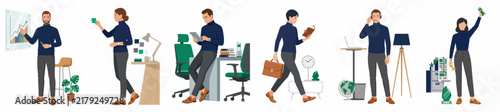 Set of Flat Style Business People Illustrations Showing Diverse Professionals Working, Presenting, and Using Technology in a Modern Minimalist Office Space