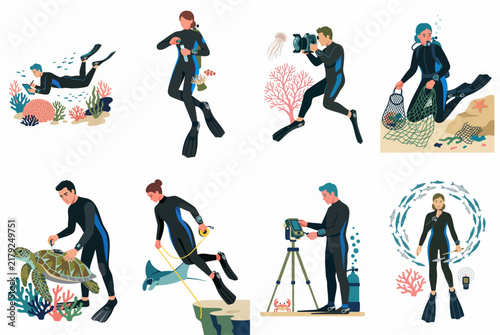Set of diverse scuba divers engaged in underwater activities like marine research, photography, ocean conservation, and wildlife rescue in flat vector illustration style.