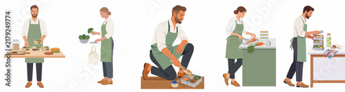 Set of people preparing healthy meals and packing food in reusable containers for a sustainable and zero-waste lifestyle vector illustration.