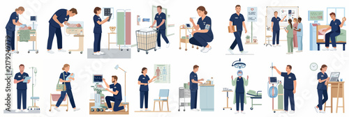 Comprehensive flat illustration set of medical professionals in blue scrubs performing various hospital duties, patient care, and clinical procedures.