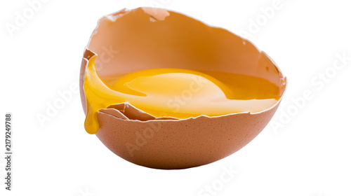 Canvastavla Cracked brown eggshell with dripping yolk, isolated on transparent background