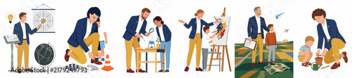 Set of diverse flat vector illustrations showing teachers mentoring children in art, science, geography, and nature-related educational activities.