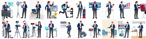 Diverse Cartoon Characters Engaged in Professional Careers like Broadcasting, Business, Sports, and Content Creation Vector Illustration Set