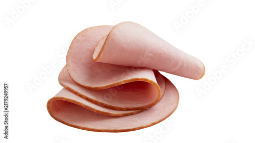 Thinly sliced deli ham slices stacked and curved, isolated on transparent background
