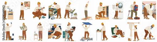 Flat vector illustration set of a man performing various van life, DIY, home maintenance, and outdoor lifestyle activities, isolated on white.
