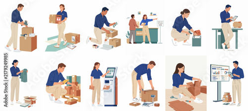Collection of flat vector illustrations showing warehouse employees performing various logistics, packing, and order fulfillment tasks for distribution and shipping services.