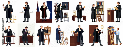 Flat vector illustration collection of judges and lawyers in various legal settings, performing professional duties in courtrooms, offices, and libraries.