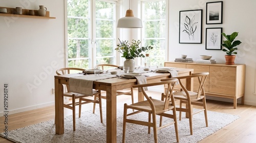 Bright Scandinavian dining room featuring a light wood table, minimalist chairs, large windows, and neutral interior decor
