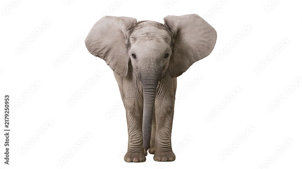 Obraz premium Young elephant with large ears standing and looking forward, isolated on transparent background