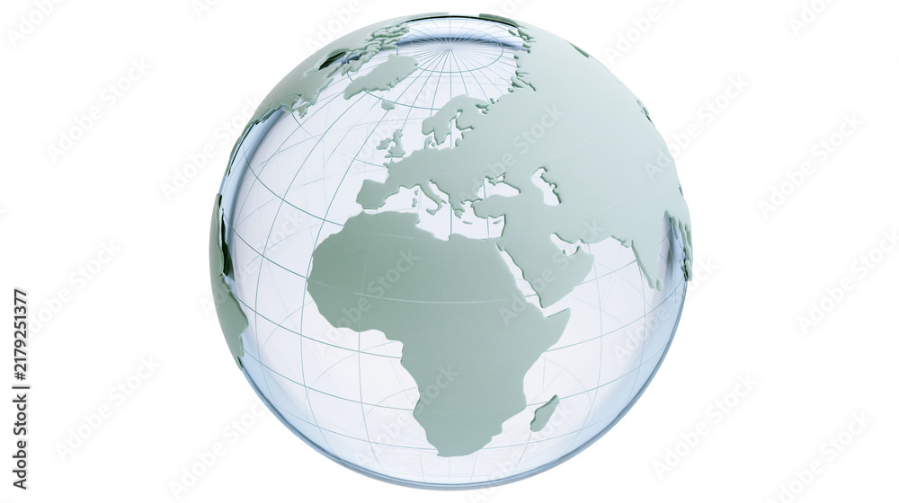 Fototapeta premium Clear glass globe showing Europe and Africa, isolated on transparent background
