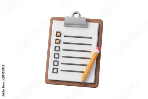 Brown Clipboard with Checklist, Two Items Marked, Yellow Pencil Beside It