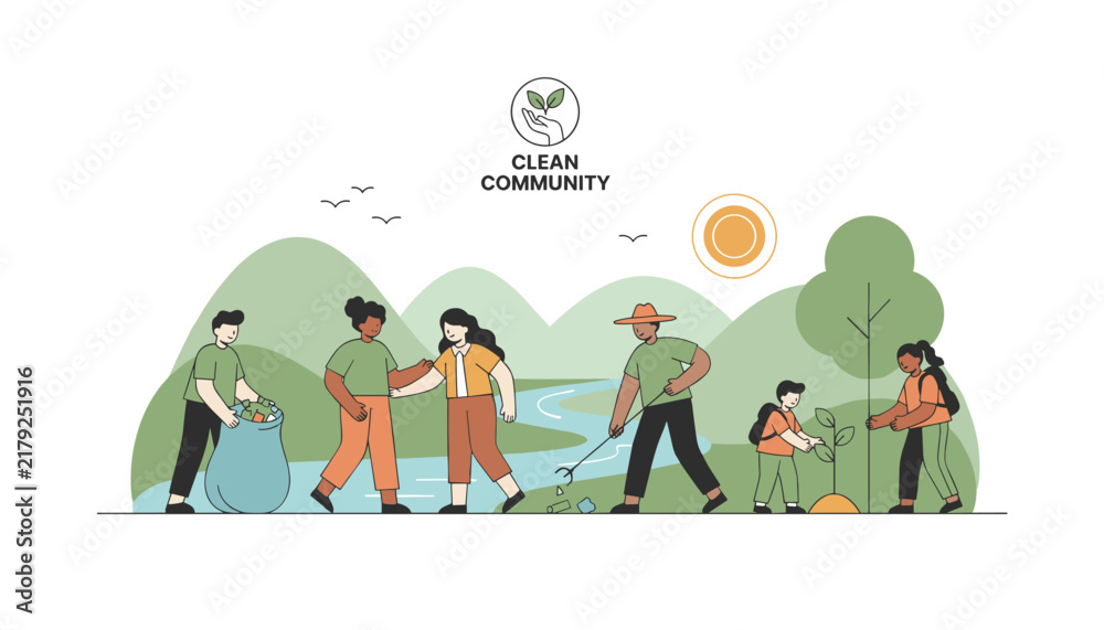 Fototapeta premium Diverse volunteers cleaning up a riverside park, picking up trash, planting trees, and caring for the environment.