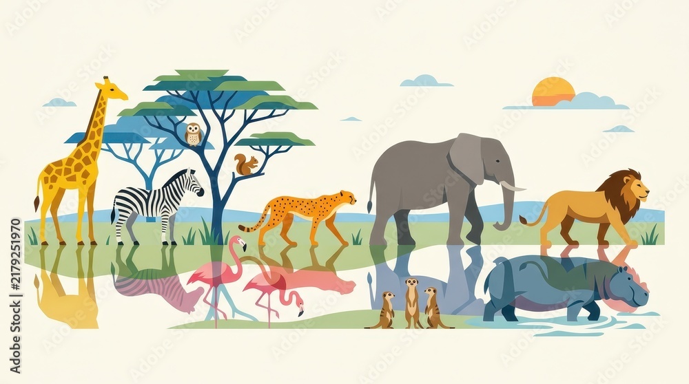 Obraz premium African Savanna Wildlife Illustration with Giraffe Elephant Lion Zebra and Cheetah in Flat Vector Style