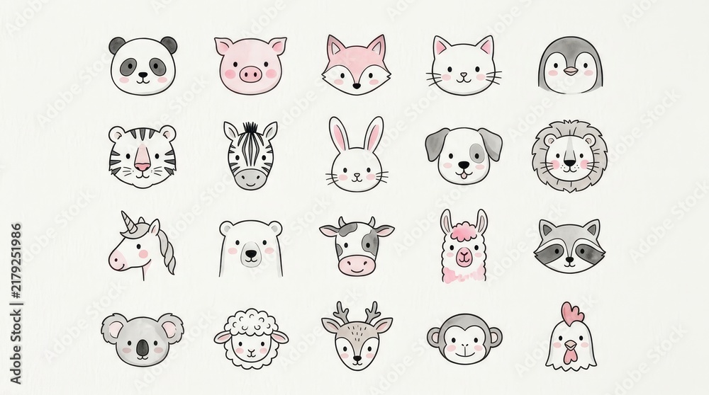 Fototapeta premium Cute Watercolor Animal Faces Collection - Hand-Drawn Kawaii Zoo and Farm Animals Set for Nursery Decor and Stickers