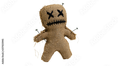 Obraz na plátně Burlap voodoo doll with black stitched eyes and mouth pierced by nails, isolated