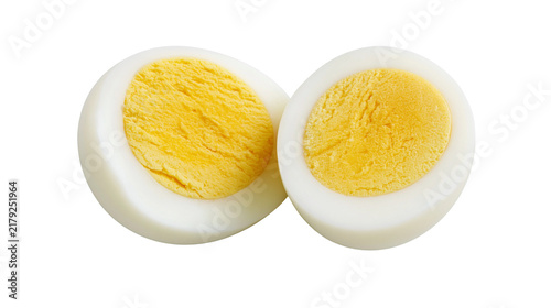 Canvastavla Two halves of a hard-boiled egg showing white albumen and yellow yolk, isolated