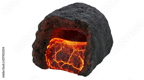 Konstfotografi Volcanic rock cross-section revealing glowing molten lava core, isolated on tran
