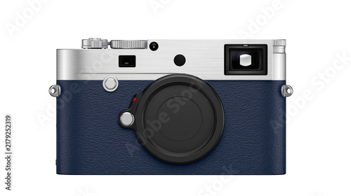 Fotografía Classic silver and blue leather rangefinder camera, isolated on transparent back