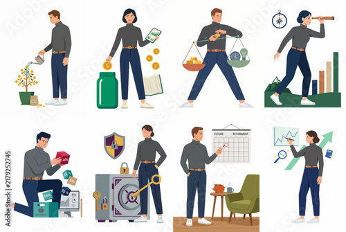 Vector illustration set of diverse business characters demonstrating financial concepts like saving, investing, wealth management, and strategic planning.
