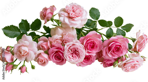 Delicate pink roses with green leaves, isolated on transparent background