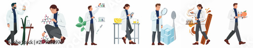 Set of diverse food scientists and lab researchers conducting experiments, analyzing ingredients, and developing new products in a modern laboratory setting.