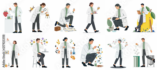 Flat vector illustrations of male and female scientists in lab coats conducting various botanical, chemical, and food research experiments