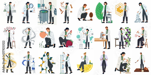 Collection of diverse scientists and laboratory researchers in flat vector style conducting various chemical, biological, and agricultural experiments and research studies.