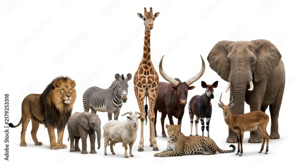 Fototapeta premium Diverse Collection of African Wildlife Animals Isolated on White Background Including Lion Elephant Giraffe and Zebra