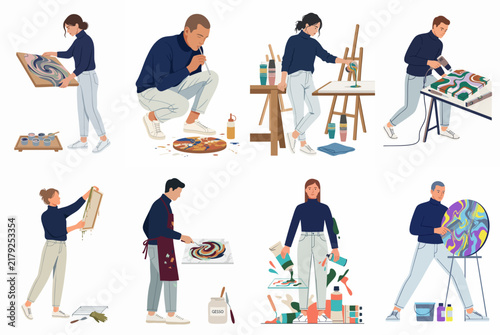 Flat Illustration Set of Male and Female Artists Engaged in Creative Painting Activities and Art Workshops