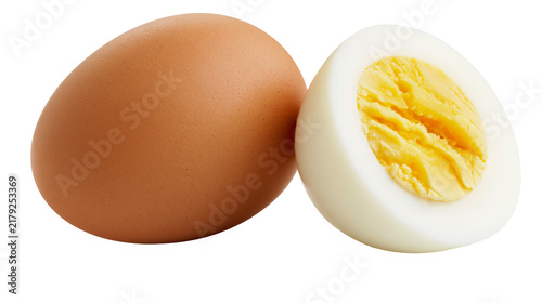 Quadro su tela Whole brown egg and halved hard-boiled egg with yellow yolk, isolated on transpa