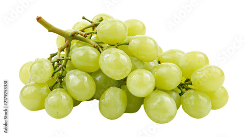 Quadro su tela Fresh green grapes cluster with stem, isolated on transparent background