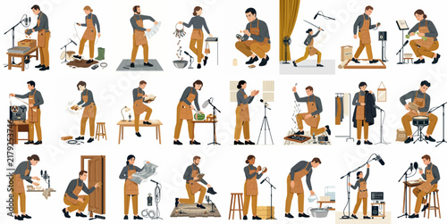 Set of flat illustrations featuring foley artists creating and recording various sound effects for film and audio post-production in a studio setting.