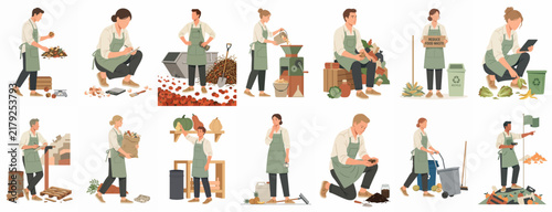 Comprehensive collection of illustrations depicting eco-friendly practices like composting, organic farming, recycling, and sustainable gardening by various people in green aprons.