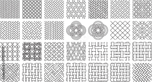 Collection of black and white geometric weave patterns and seamless textile textures for graphic design projects