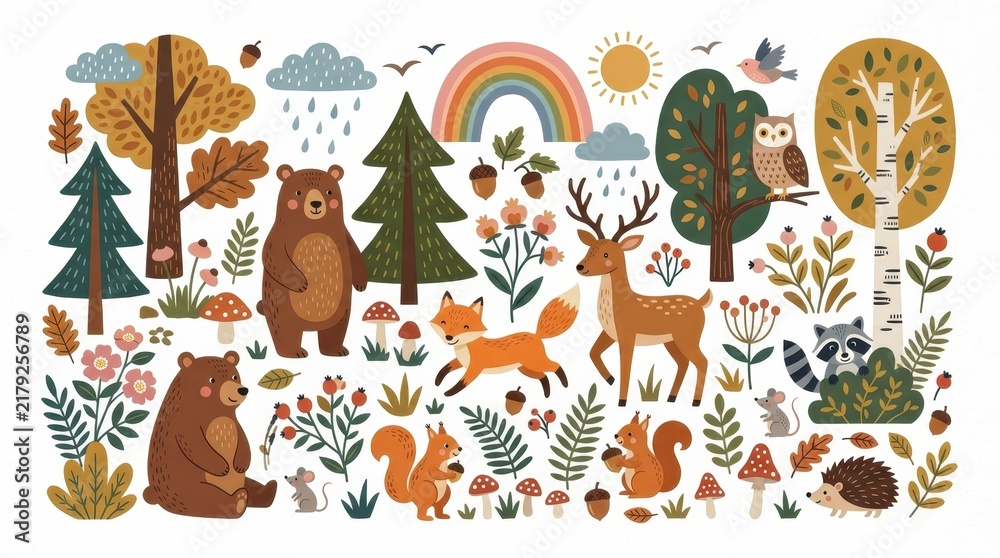 Obraz premium Cute Woodland Forest Animals and Nature Elements Illustration Set with Bear, Fox, Deer, and Squirrel in Flat Folk Art Style