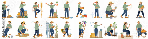 Large set of flat vector illustrations of male and female farmers engaged in various agricultural, gardening, and harvesting activities on white background.